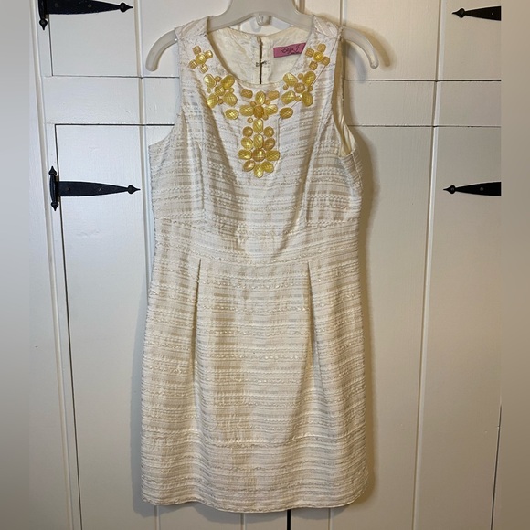 Eliza J Dresses & Skirts - *** Eliza J Cream Silk Dress Embellished w/ Faceted Yellow Stones. Medium.